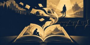 Duotone navy and gold illustration of an open book with a seated reader silhouette, pages swirling upward toward a cinema screen showing a lone figure in a fantasy castle landscape, with theater audience silhouettes below.
