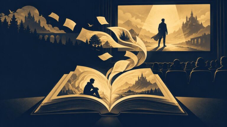 Duotone navy and gold illustration of an open book with a seated reader silhouette, pages swirling upward toward a cinema screen showing a lone figure in a fantasy castle landscape, with theater audience silhouettes below.