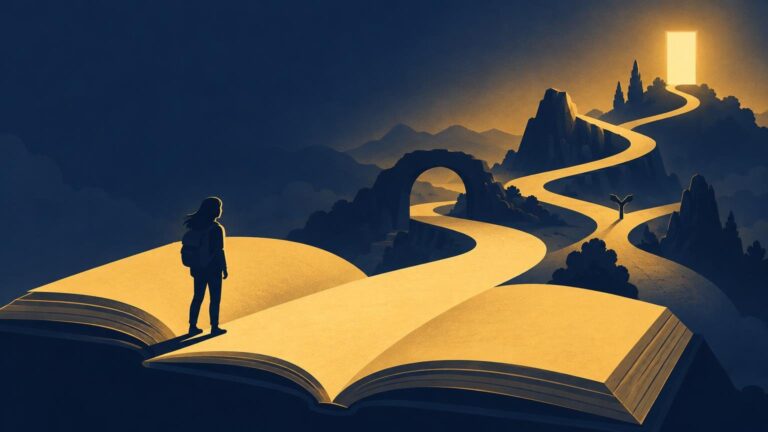 Duotone illustration of a silhouetted reader standing on an open book whose glowing pages become a winding road through dark mountains toward a bright doorway.