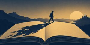 Editorial illustration of a silhouetted person walking across the pages of a giant open book, with a long shadow stretching behind them toward layered mountains, a winding river, a low sun, and a distant castle in navy and golden tones.