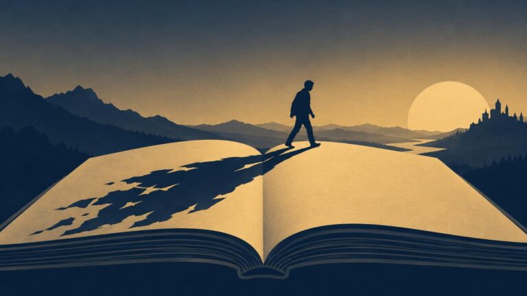 Editorial illustration of a silhouetted person walking across the pages of a giant open book, with a long shadow stretching behind them toward layered mountains, a winding river, a low sun, and a distant castle in navy and golden tones.