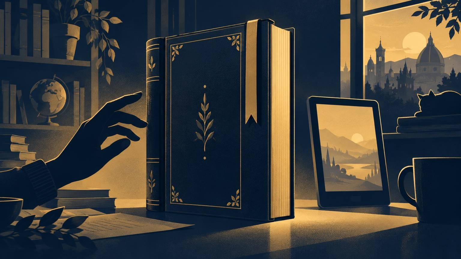 Duotone navy and gold editorial illustration of an ornate hardcover book with a ribbon bookmark beside an e-reader, on a desk in a warmly lit study.