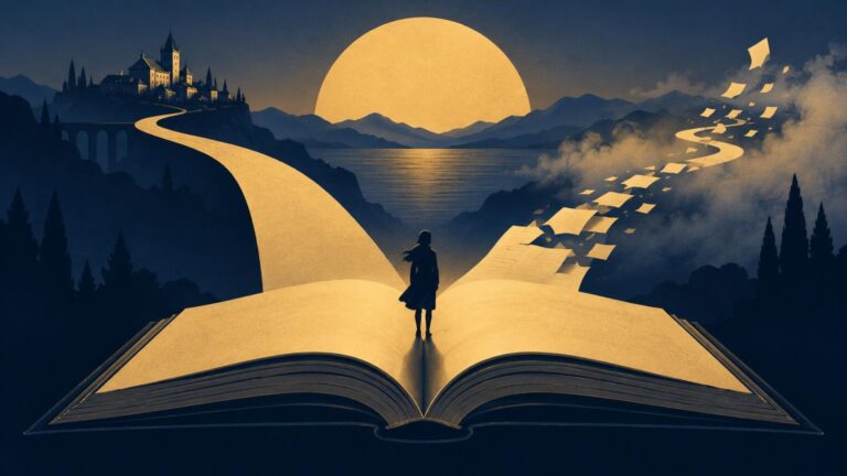 Duotone editorial illustration of a silhouetted reader standing on a giant open book as two glowing paths lead toward a distant castle and a trail of flying pages beneath a large setting sun.