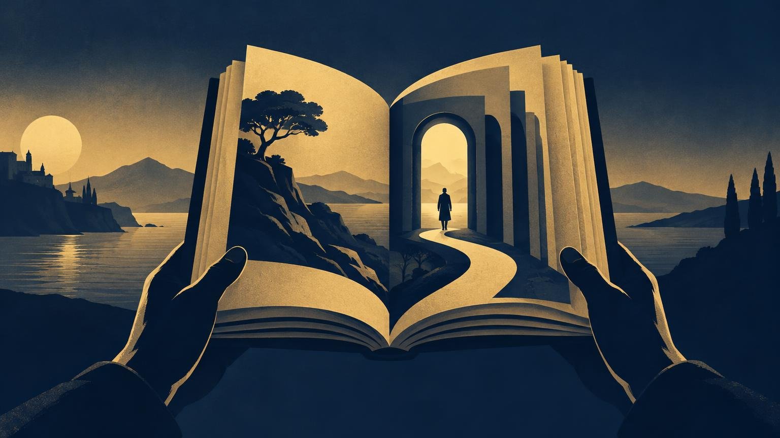 Duotone navy and gold illustration of silhouetted hands holding an open book whose pages form a coastal landscape, a glowing archway, and a lone figure on a winding path.