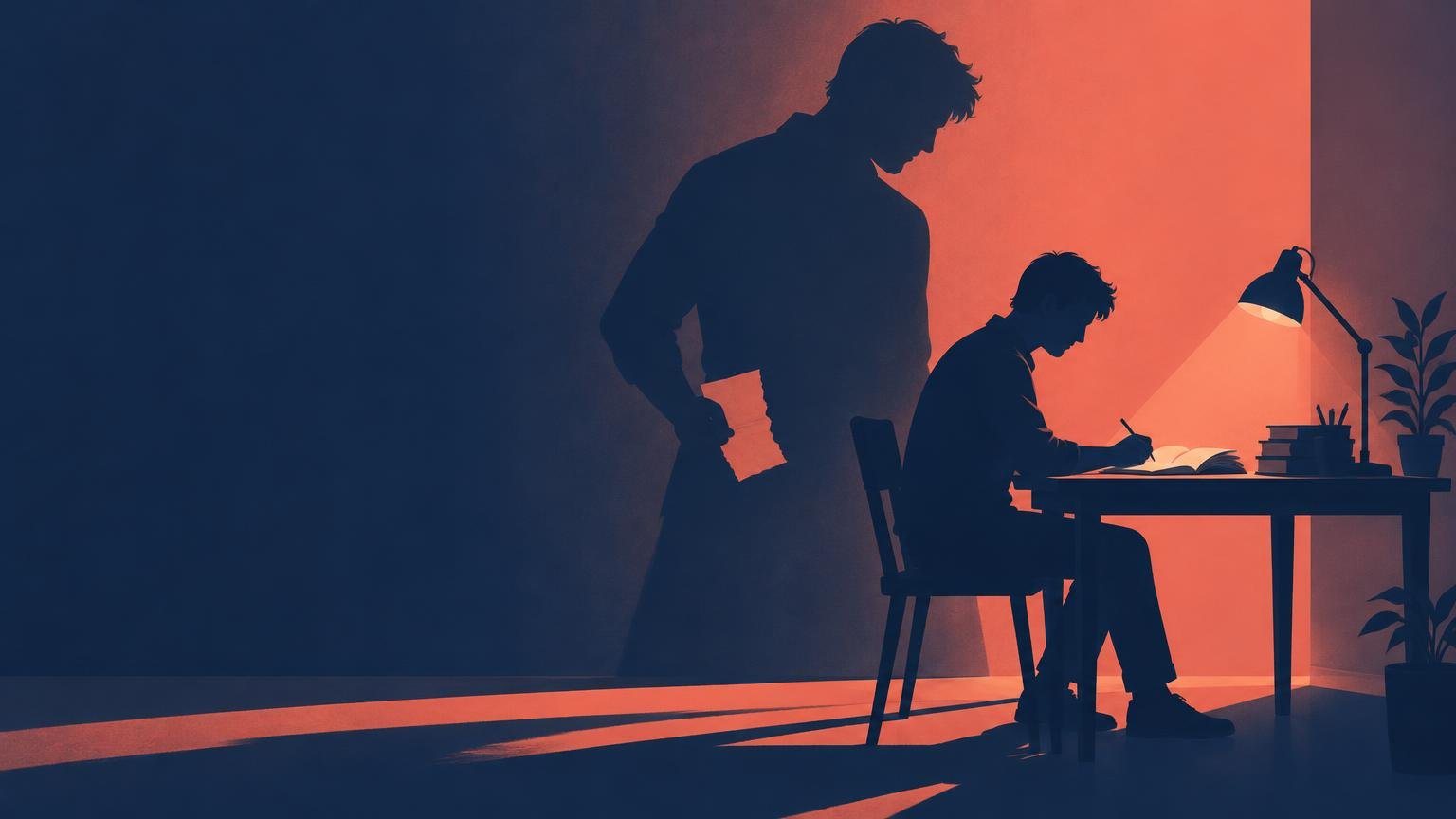 Duotone editorial illustration of a seated person writing at a desk under a lamp while a much larger shadowy figure stands behind them holding a torn sheet of paper.