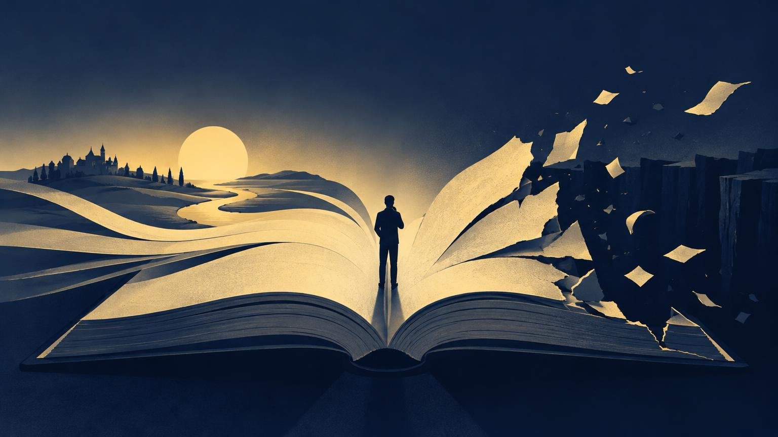 Duotone navy and gold editorial illustration of a silhouetted reader standing on an open book; its left pages form a glowing landscape with a distant castle and sun, while the right pages tear apart into flying fragments above a dark cliff.