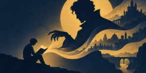 Duotone illustration of a small reader holding an open book beneath a looming caped silhouette, with a moonlit castle, crowds, and bridges in the background.