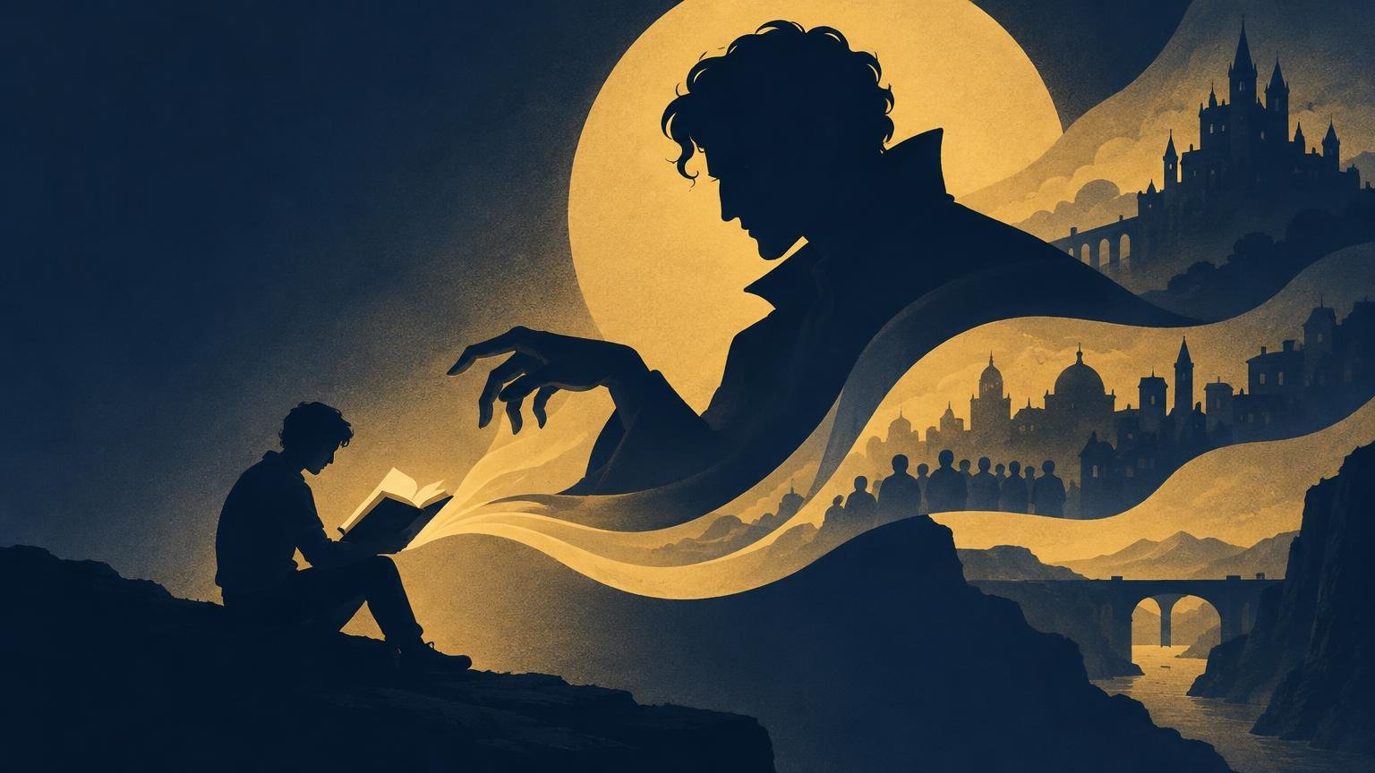 Duotone illustration of a small reader holding an open book beneath a looming caped silhouette, with a moonlit castle, crowds, and bridges in the background.